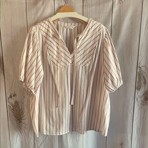 Women's LC Lauren Conrad Tie Front Puff Sleeve Top Blouse Peach Striped 2X EUC